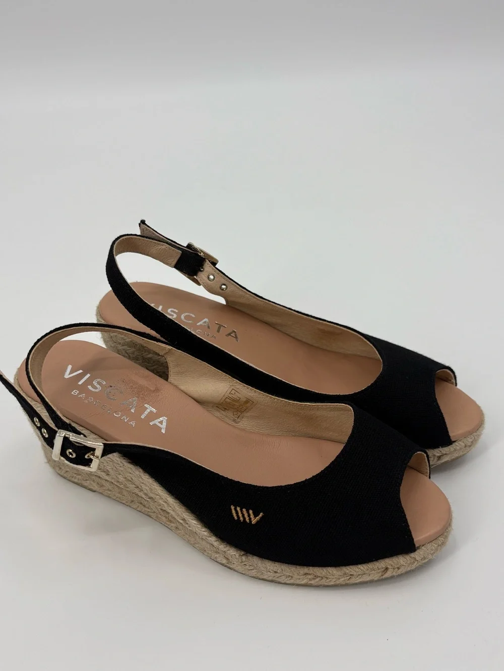 Viscata Gavina Black Canvas Espadrille Wedge Sandals Slingback Spain Size 7 / 38